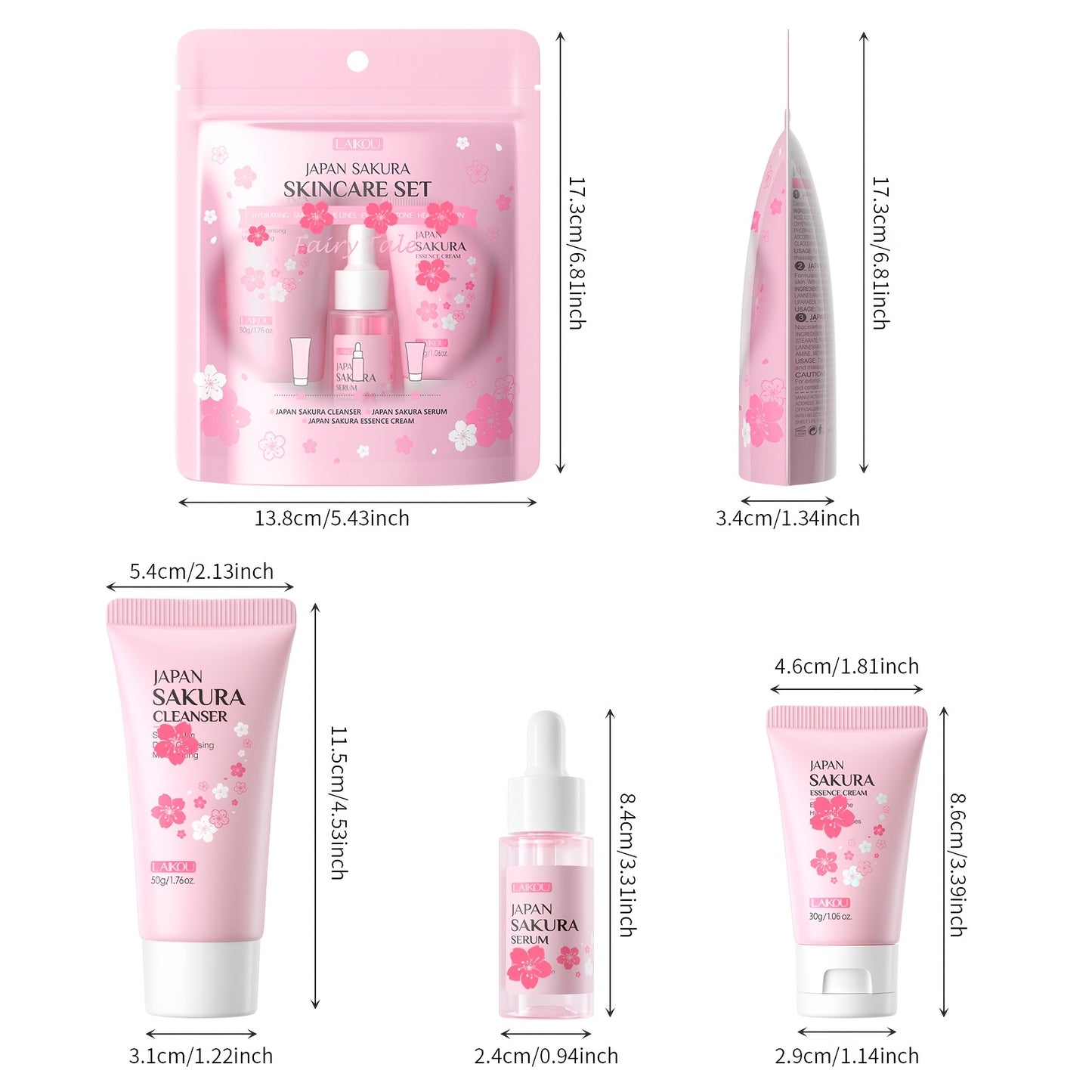 LAIKOU Sakura Cleanser - Set de 3 piezas para el cuidado de la piel: Limpiador facial (50 g), Suero (0,57 oz), Hidratante (30 g), Tono de piel uniforme, Suaviza las líneas de expresión.