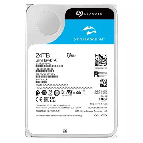 Disco Duro Interno 24TB 3.5" SATA 6Gb/s 7200RPM 512MB, 24x7, para DVR y NVR bahías ilimitadas, 1-64 cámaras HD y hasta 32 canales de inteligencia artificial, 5 Años de Garantía, SkyHawk™ Inteligencia Artificial Seagate