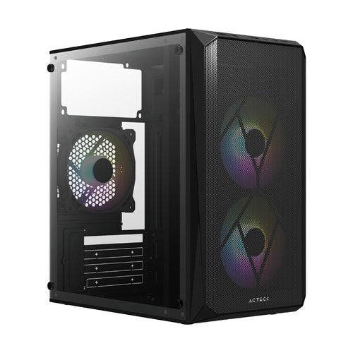 Gabinete Acteck Mini Torre Doom GI630 / Max MB M-ATX Fuente ATX 500 W / 1x USB 3.0 + 1x USB 2.0 + 3xFan FRGB / Panel Izq Acrílico + Frente Mesh / Advanced Negro