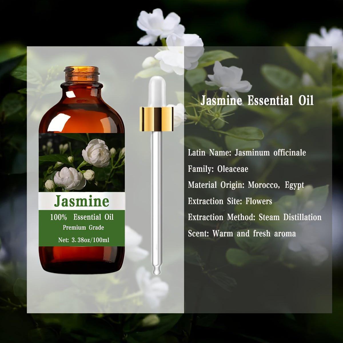 Aceite esencial de jazmín, 100 ml (3,38 oz), para el cuidado del cabello y la piel, masajes, difusores y humidificadores. Aceite esencial de masaje hidratante para hombres y mujeres.