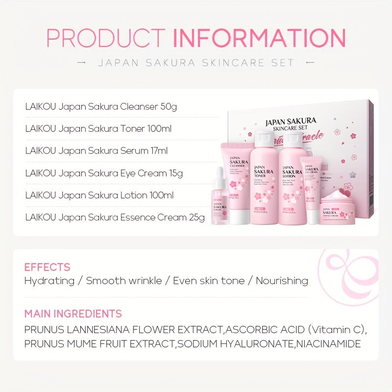 Sakura Skin Care - Caja de regalo (6 unidades): Limpiador con control de grasa (50 g), Sérum (0,57 oz), Crema facial (25 g), Sérum para unificar el tono de la piel (0,57 oz), Loción tónica hidratante (3,38 oz)