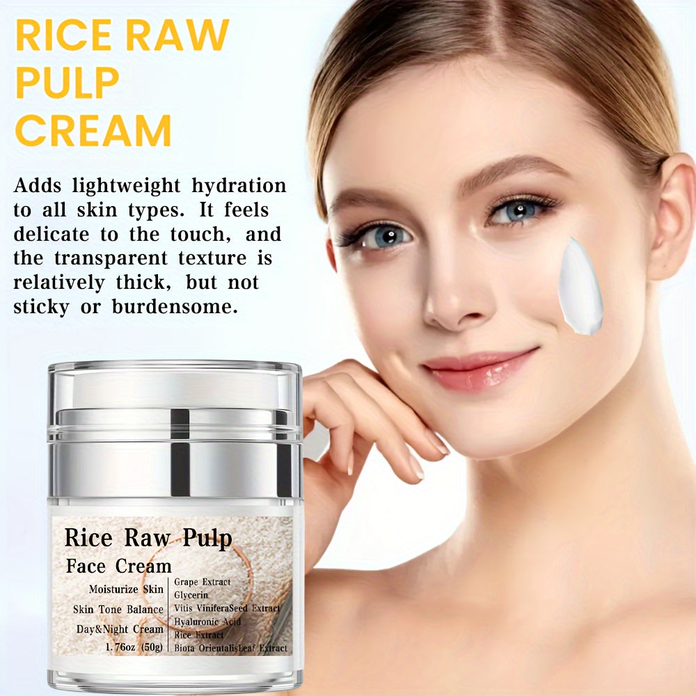 Crema facial de pulpa de arroz crudo, con ácido hialurónico y extracto de uva, rejuvenece la piel, loción hidratante para el cuidado de la piel femenina, piel visiblemente más joven, piel firme, crema de día y de noche, 50 g (1.76 oz)