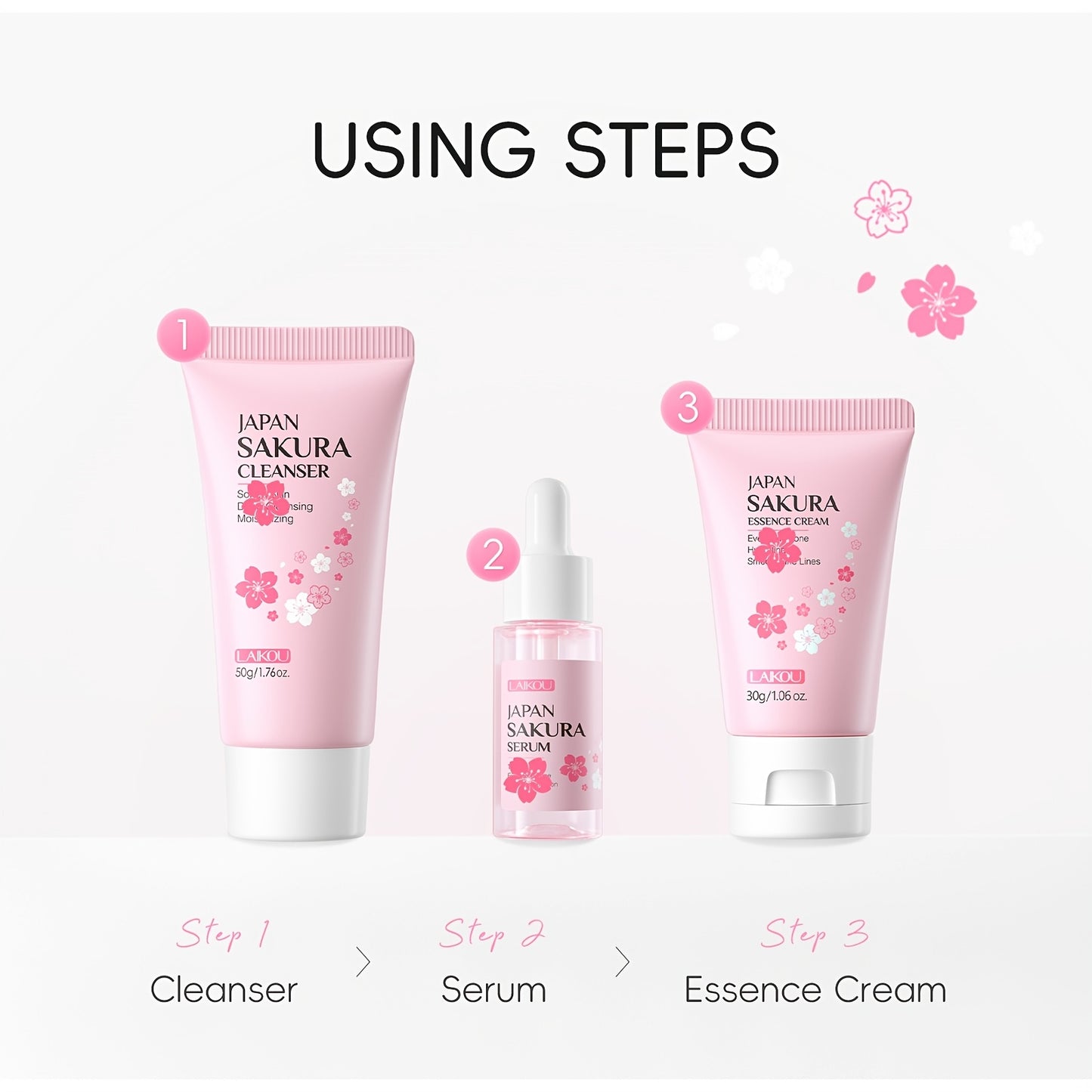 LAIKOU Sakura Cleanser - Set de 3 piezas para el cuidado de la piel: Limpiador facial (50 g), Suero (0,57 oz), Hidratante (30 g), Tono de piel uniforme, Suaviza las líneas de expresión.