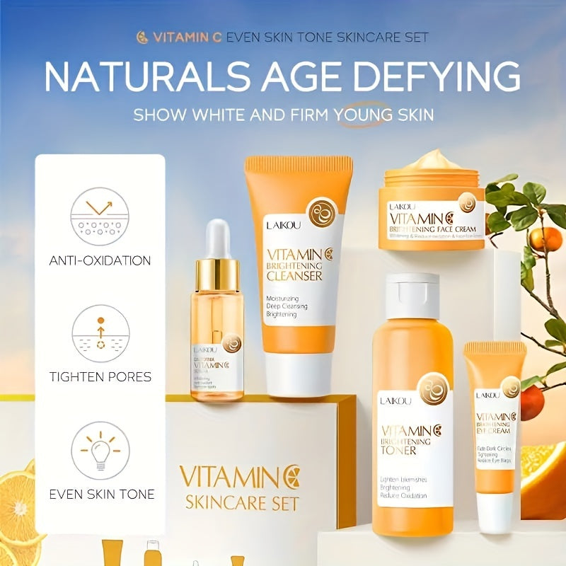 LAIKOU - Set de 5 productos para el cuidado de la piel con vitamina C: suero limpiador, crema para ojos, esencia para hombres y mujeres, regalo diario para el cuidado de la piel.