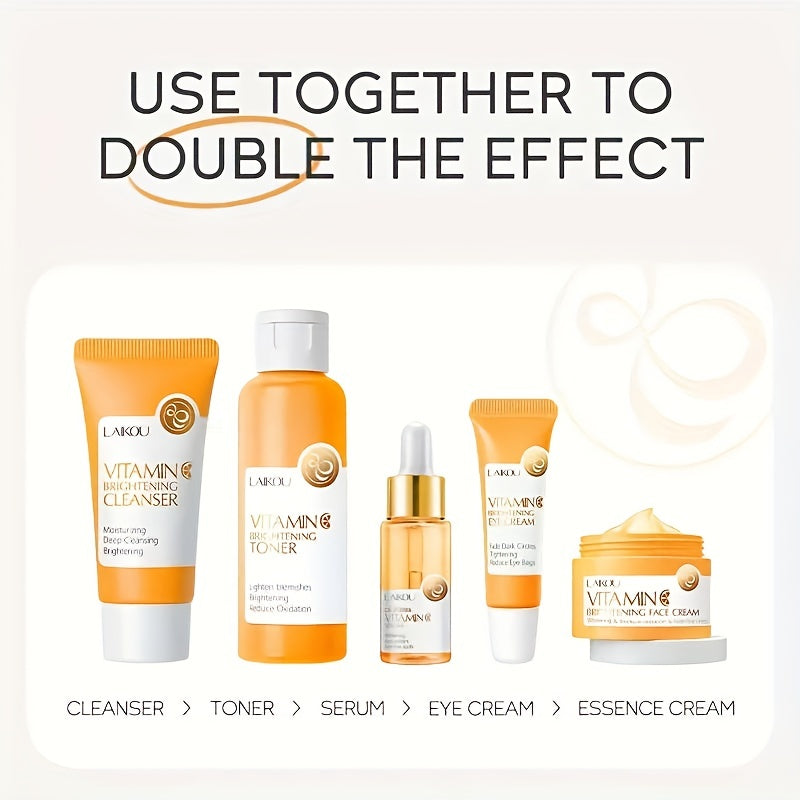 LAIKOU - Set de 5 productos para el cuidado de la piel con vitamina C: suero limpiador, crema para ojos, esencia para hombres y mujeres, regalo diario para el cuidado de la piel.