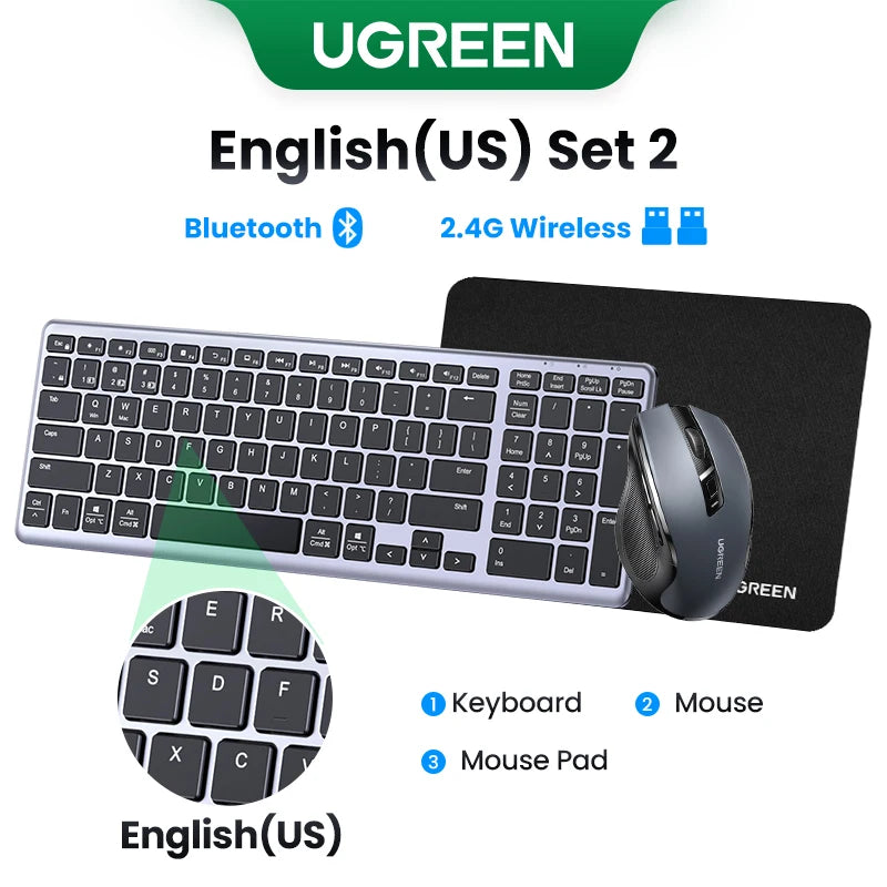 Teclado inalámbrico UGREEN Bluetooth 5.0 2.4G con 99 teclas en ruso/coreano/inglés para MacBook, iPad, PC y tabletas, recargable por USB C.