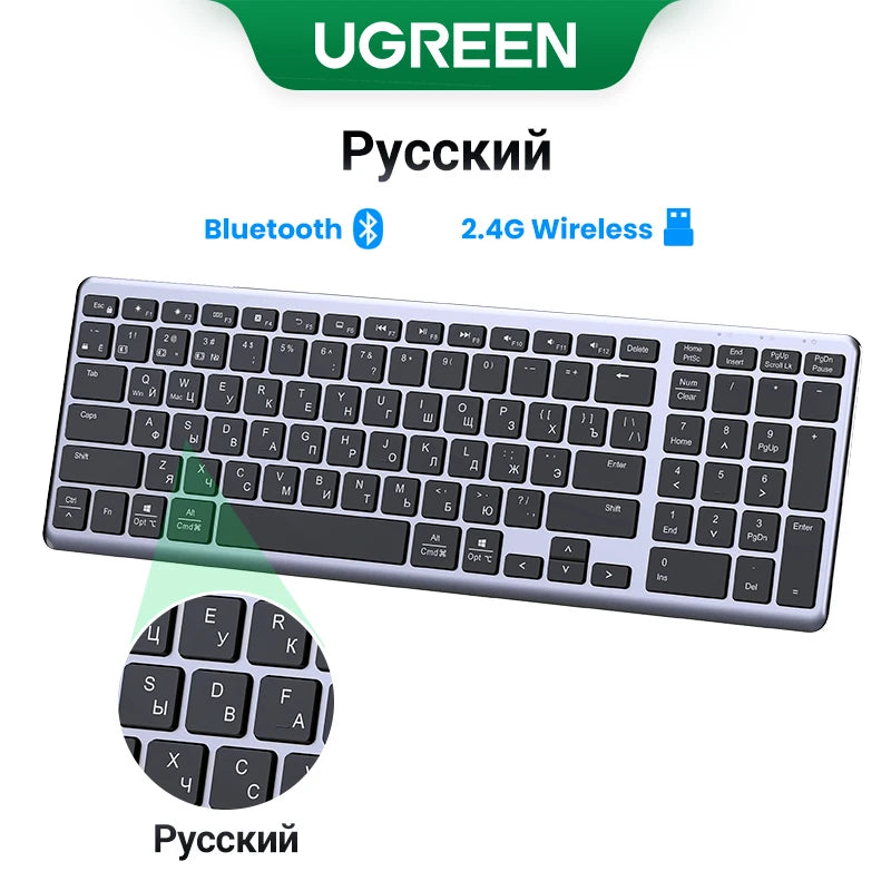 Teclado inalámbrico UGREEN Bluetooth 5.0 2.4G con 99 teclas en ruso/coreano/inglés para MacBook, iPad, PC y tabletas, recargable por USB C.