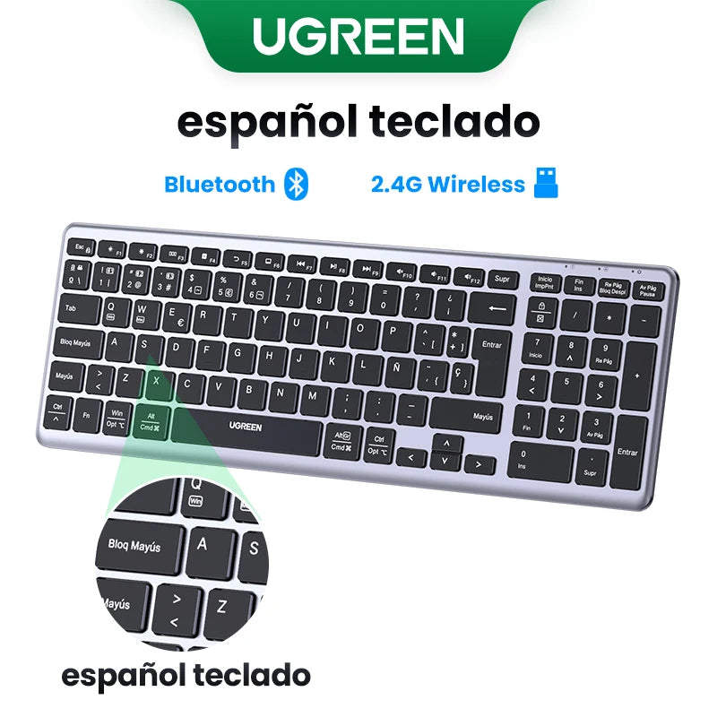 Teclado inalámbrico UGREEN Bluetooth 5.0 2.4G con 99 teclas en ruso/coreano/inglés para MacBook, iPad, PC y tabletas, recargable por USB C.