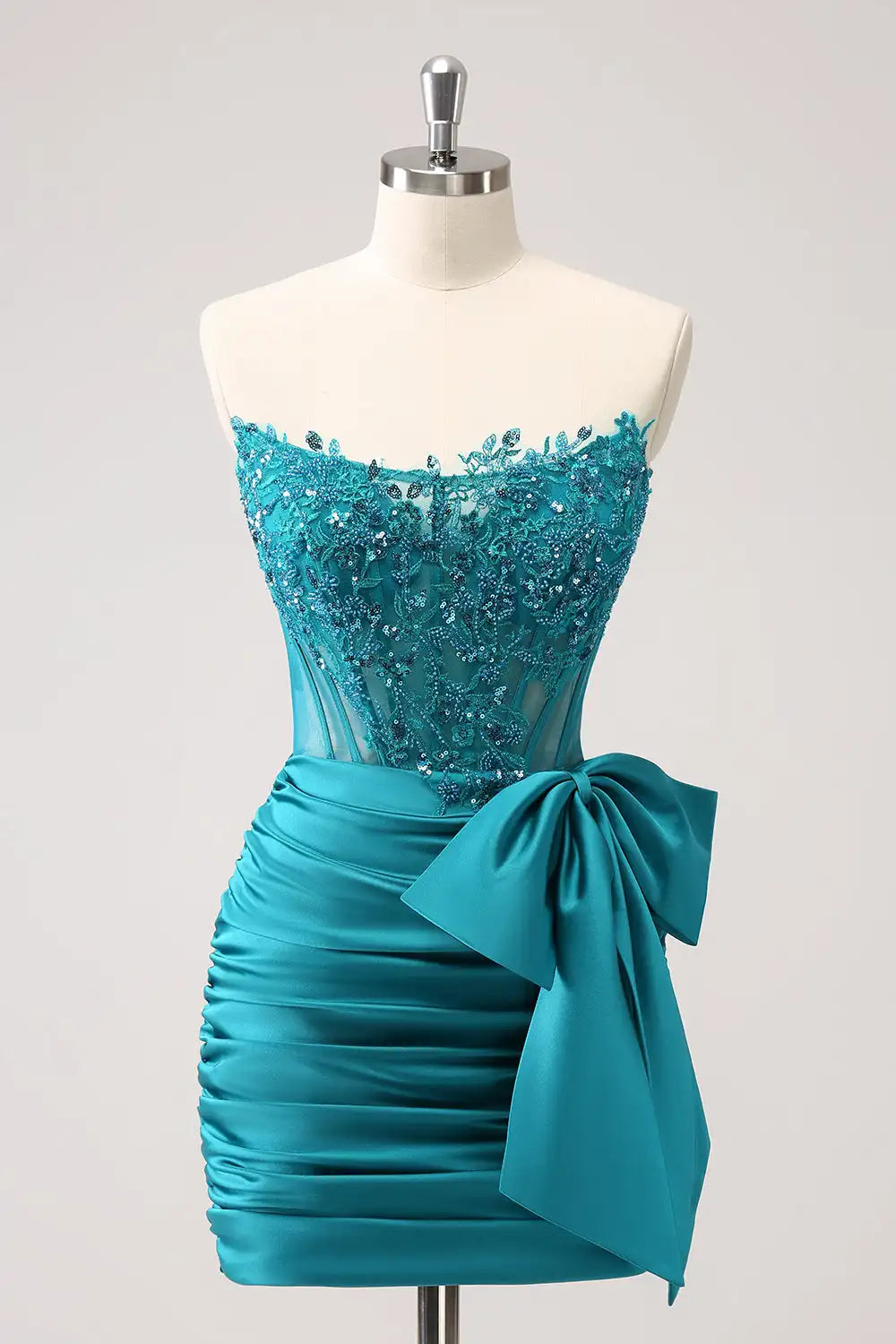 Vestido de fiesta corto ajustado con apliques de cuentas, sin tirantes, pavo real, minivestido ajustado de cóctel, vestidos de graduación
