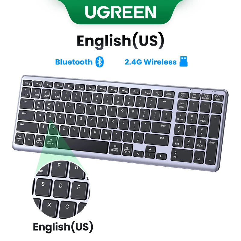 Teclado inalámbrico UGREEN Bluetooth 5.0 2.4G con 99 teclas en ruso/coreano/inglés para MacBook, iPad, PC y tabletas, recargable por USB C.
