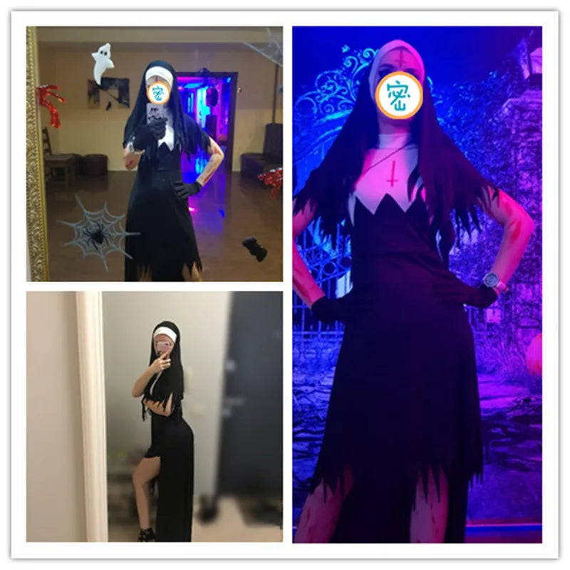 Halloween Nun Cosplay Costume Women Black Vampire Fantasy Dress Terror Sister Party Disguise Female Fancy For Adults