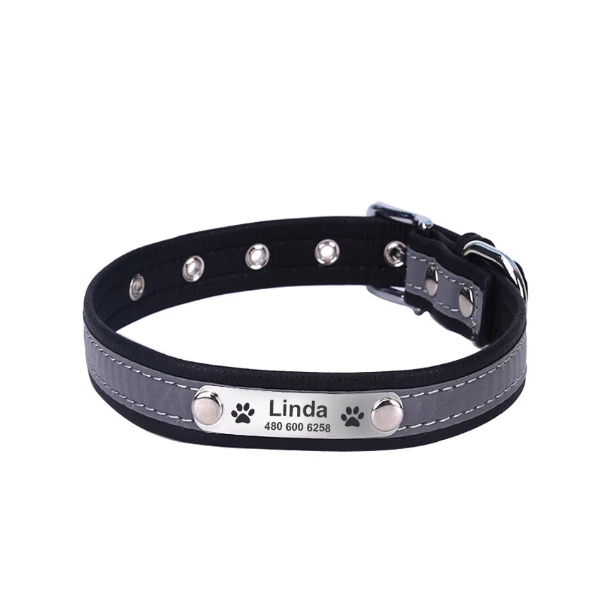 Collar reflectante personalizado para perro, de cuero resistente a las mordeduras, collar para cachorro y gato, collar de identificación, grabado con nombre, número de teléfono, placa de identificación para cachorro
