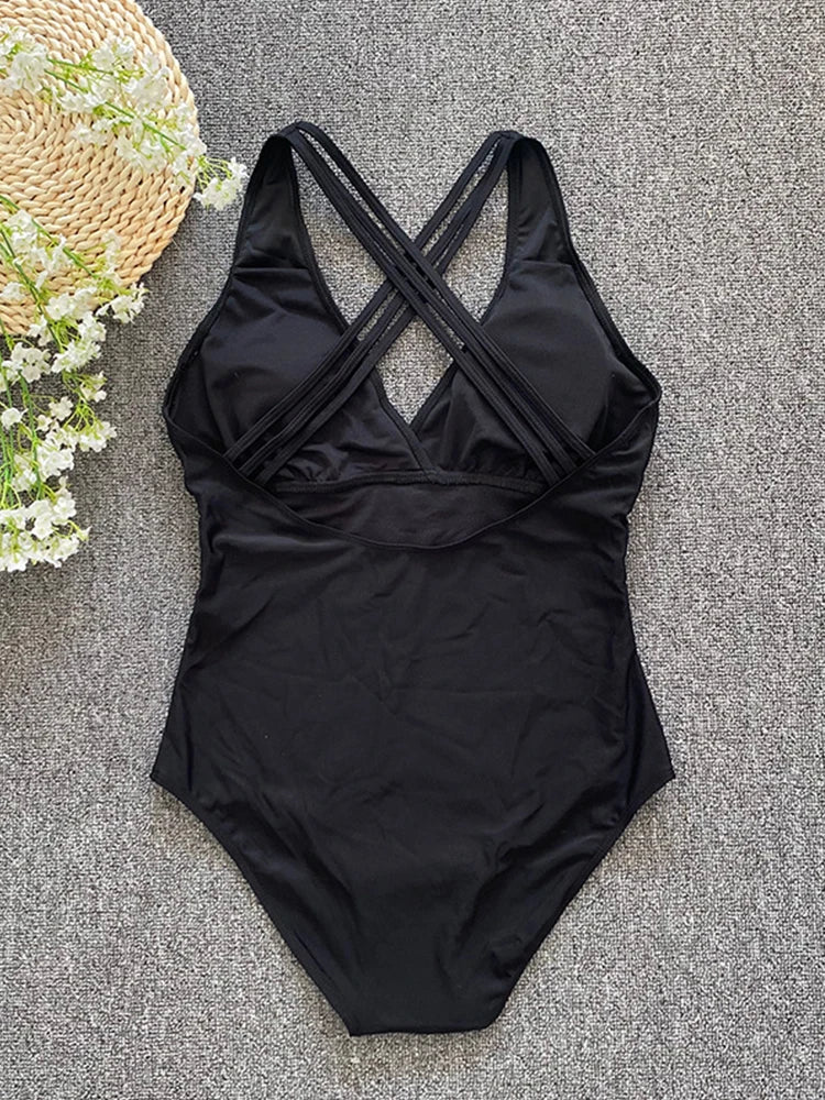Traje de baño de una pieza sexy 2023 para mujer, con vendaje cruzado y espalda descubierta, monokini de realce, ropa de playa