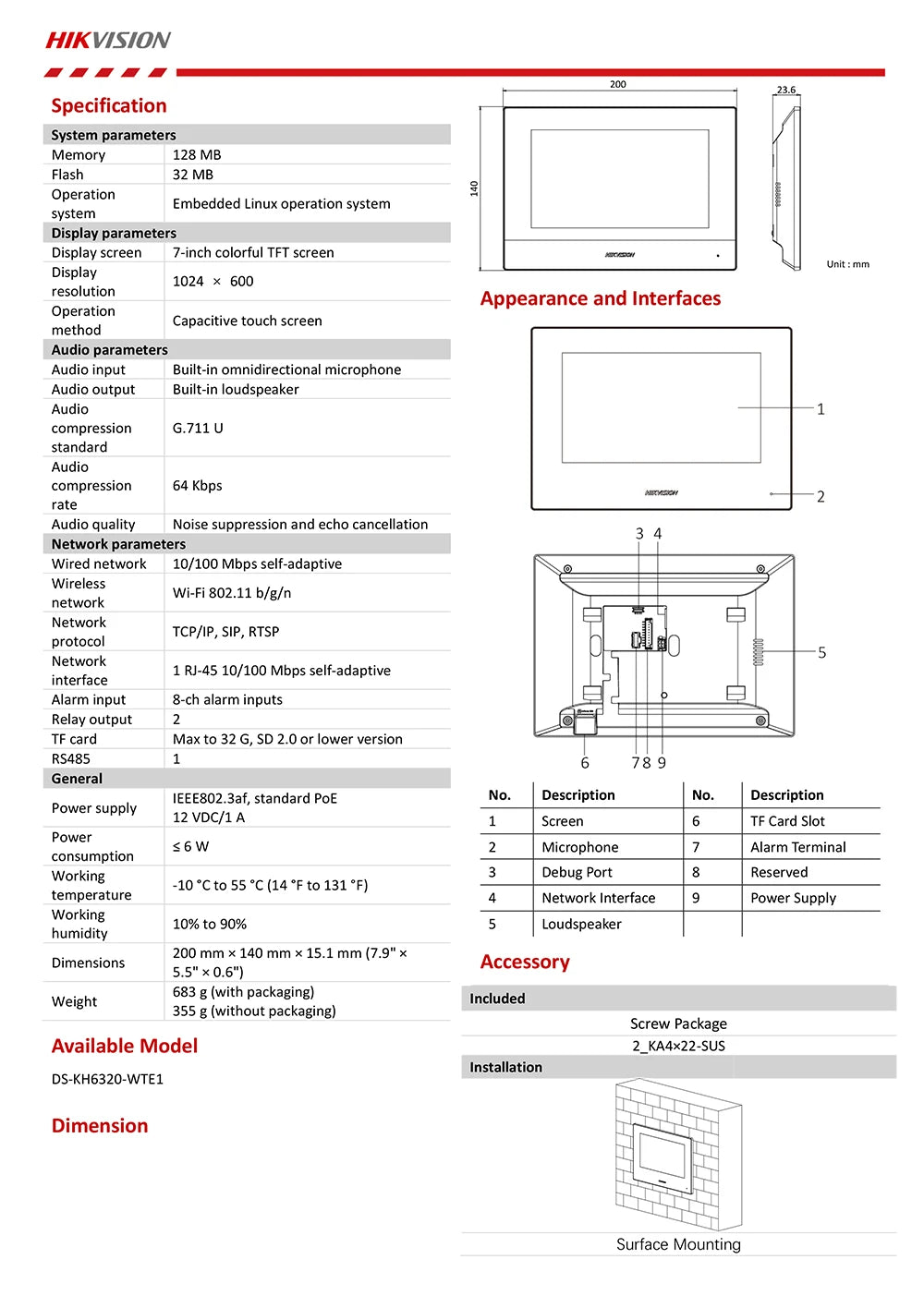Videoportero interior Hikvision DS-KH6320-WTE1 con pantalla TFT de 7 pulgadas, PoE, WiFi, estación IP y compatibilidad con varios idiomas.