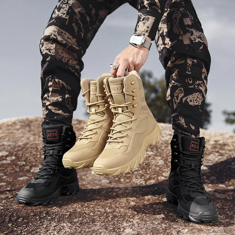 Botas de cuero de alta calidad para hombre, botas tácticas de combate para el desierto, zapatos de senderismo para exteriores, botines de seguridad para el trabajo.