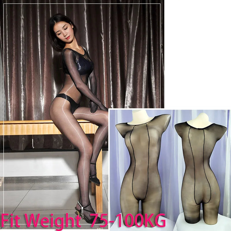 Mono ajustado de cuerpo entero brillante 1D, tipo medias, adecuado para hombres y mujeres, con entrepierna abierta y cerrada, sexy y brillante.