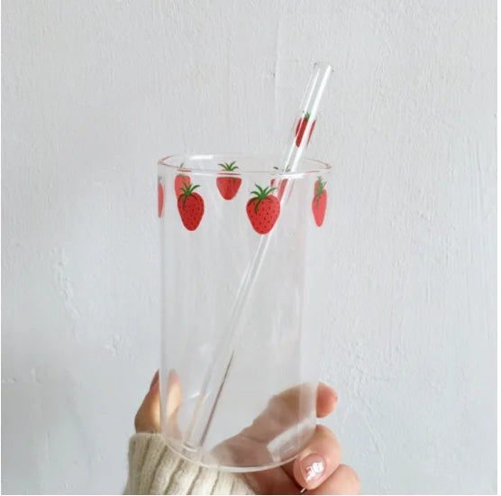 Vaso de cristal con pajita de 300 ml, diseño de fresa, transparente, creativo, resistente al calor, para estudiantes, Nana