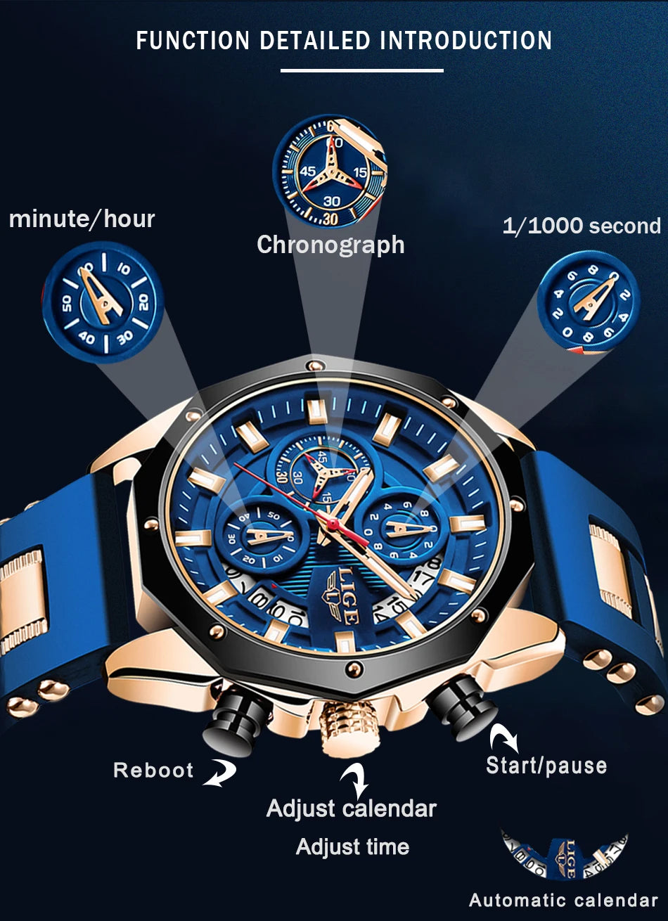 LIGE 2024 - Nuevos relojes de moda para hombre, marca superior de lujo, reloj deportivo de silicona, reloj de cuarzo con fecha, reloj de pulsera resistente al agua, cronógrafo