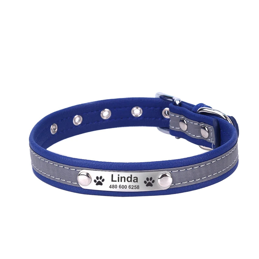 Collar reflectante personalizado para perro, de cuero resistente a las mordeduras, collar para cachorro y gato, collar de identificación, grabado con nombre, número de teléfono, placa de identificación para cachorro