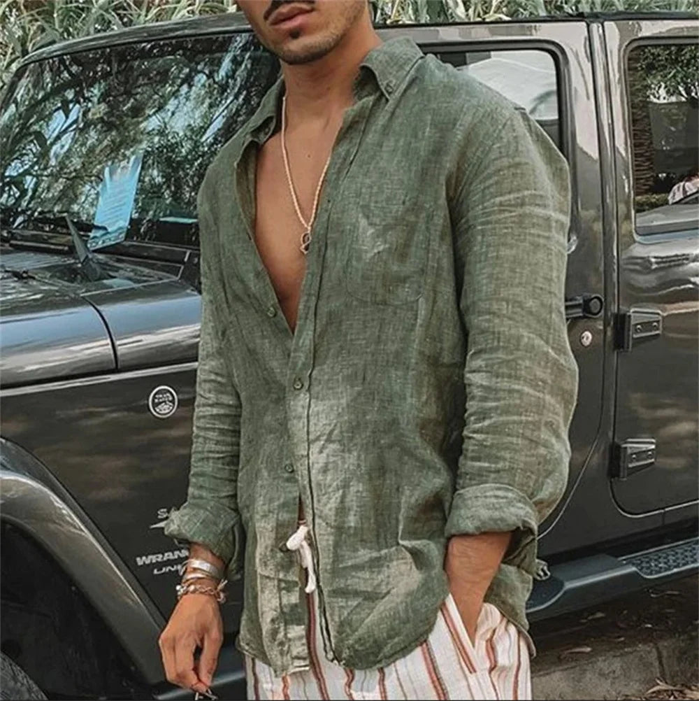 Camisas casuales de algodón y lino para hombre, cuello alto, color liso, manga larga, holgadas, para primavera y otoño, 2024