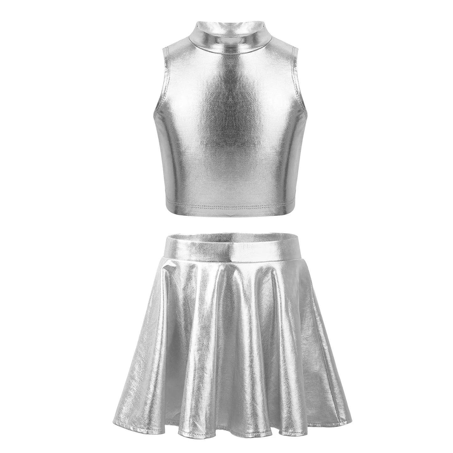 Ropa para niños, blusas sin mangas metálicas para niñas, minifalda plisada acampanada, conjunto de 2 piezas para niños, ropa de baile