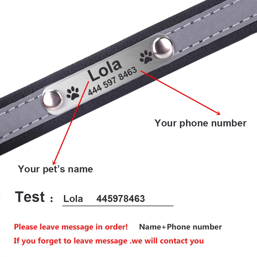 Collar reflectante personalizado para perro, de cuero resistente a las mordeduras, collar para cachorro y gato, collar de identificación, grabado con nombre, número de teléfono, placa de identificación para cachorro
