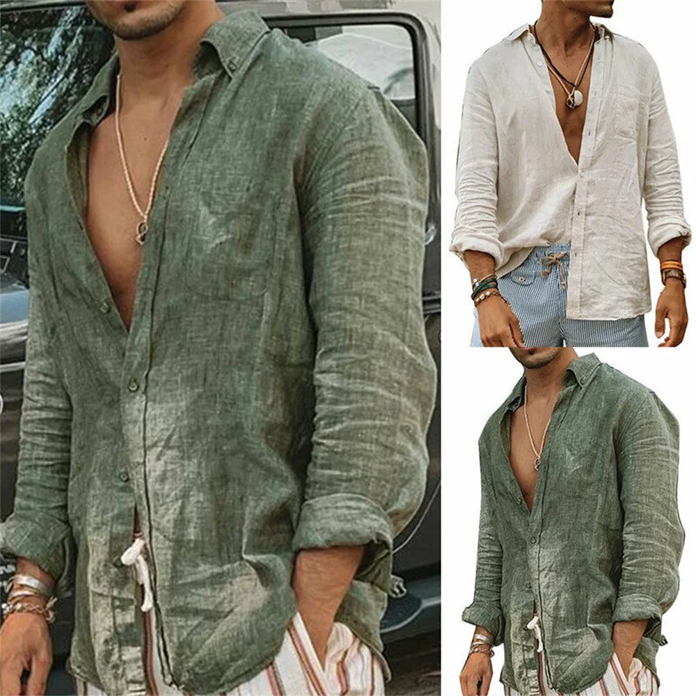 Camisas casuales de algodón y lino para hombre, cuello alto, color liso, manga larga, holgadas, para primavera y otoño, 2024