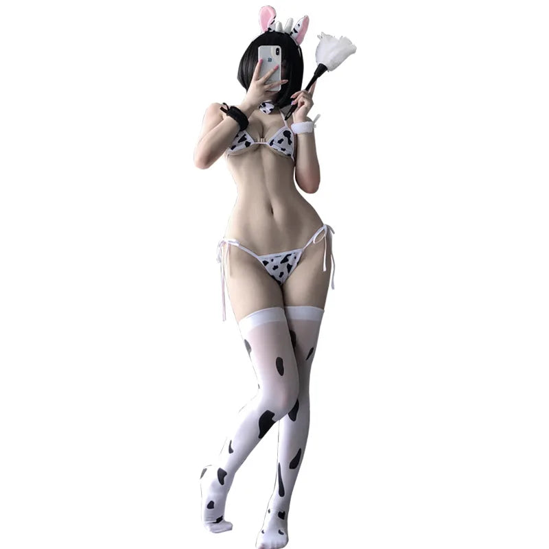 Anime Cow Sexy Cosplay Costume Maid Tankini Swimsuit Bikini Set Girls Swimwear Clothing Lolita Bra and Panty Set Stockings