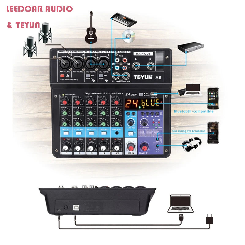 Mesa de mezclas de sonido para DJ TEYUN de 8, 6 y 4 canales, mezclador de audio con 24 efectos DSP, Bluetooth, PC, reproducción USB, grabación, controlador de 48 V, consola de mezclas