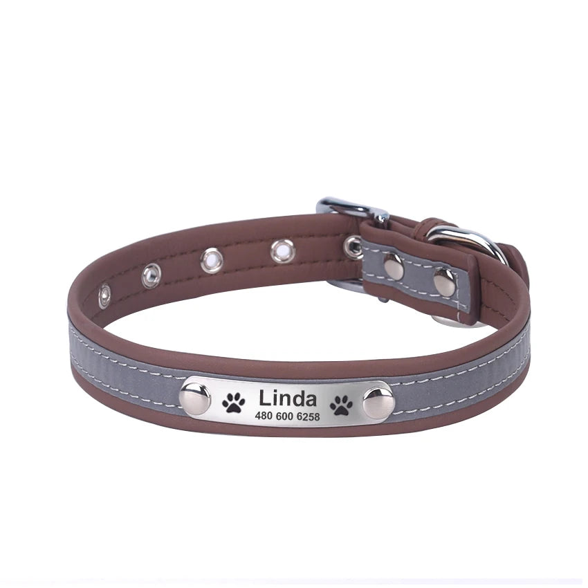 Collar reflectante personalizado para perro, de cuero resistente a las mordeduras, collar para cachorro y gato, collar de identificación, grabado con nombre, número de teléfono, placa de identificación para cachorro