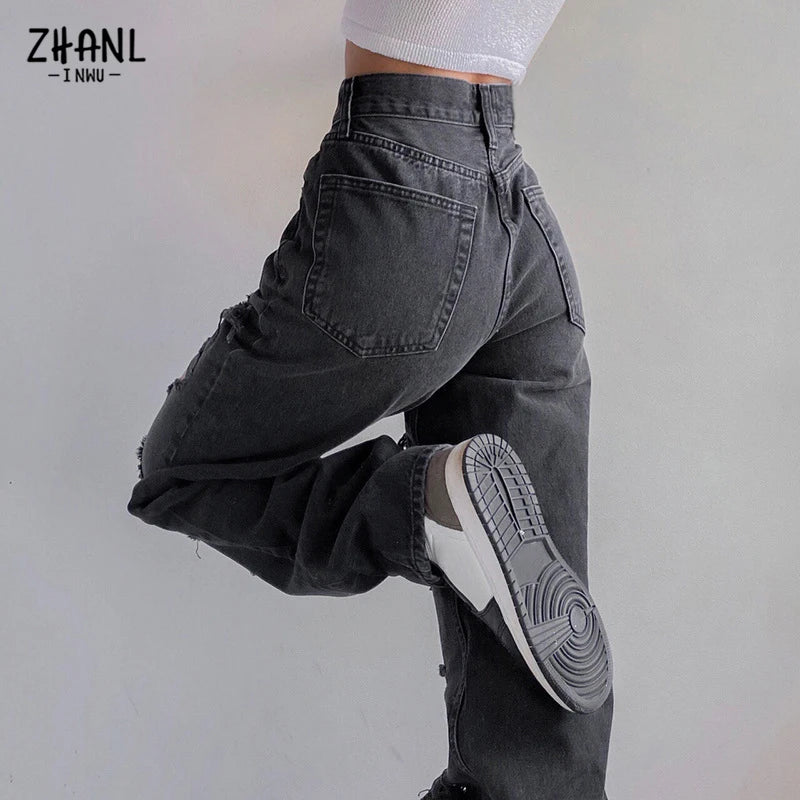 Vaqueros negros rotos de cintura alta para mujer, ropa vintage Y2K, pantalones vaqueros rectos de moda, ropa de calle con agujeros, pantalones vaqueros de hip hop.