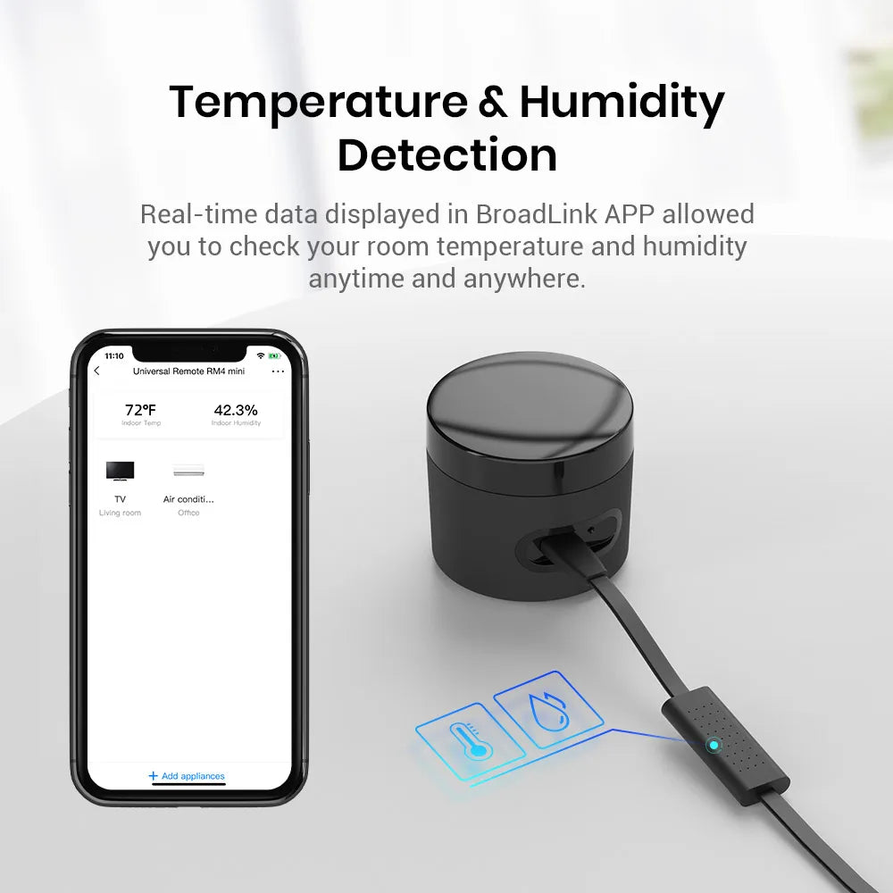 Sensor de temperatura y humedad Broadlink RM4 mini, control remoto WiFi IR para aire acondicionado, decodificador de TV, compatible con Alexa.