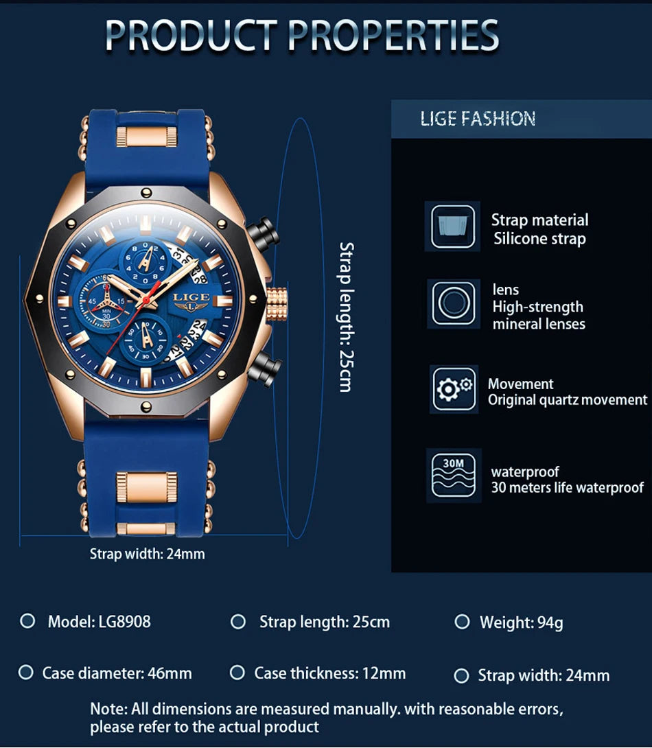 LIGE 2024 - Nuevos relojes de moda para hombre, marca superior de lujo, reloj deportivo de silicona, reloj de cuarzo con fecha, reloj de pulsera resistente al agua, cronógrafo
