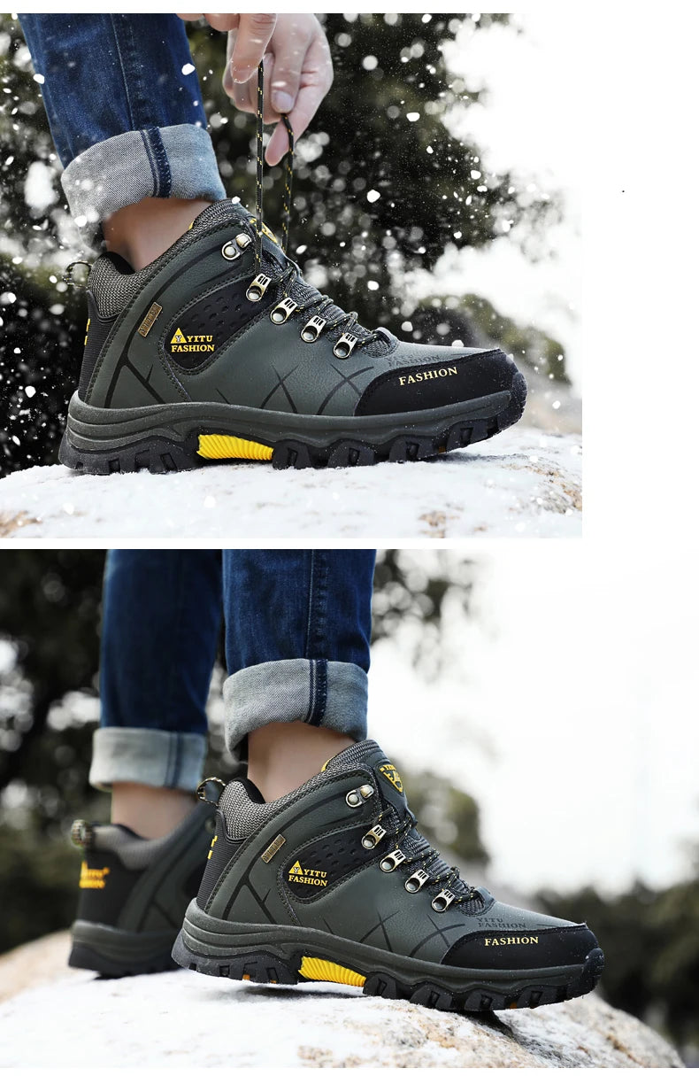 Botas de nieve de invierno para hombre, impermeables, de cuero, muy cálidas, para exteriores, senderismo, trabajo, talla 39-47