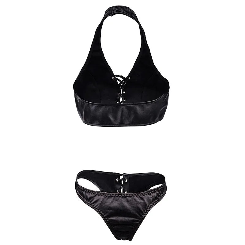 Conjunto de sujetador sexy, sujetador con tiras al cuello, lencería erótica, tanga, bragas para mujer, body de cuero sintético, corsé con hebilla metálica, sexi.