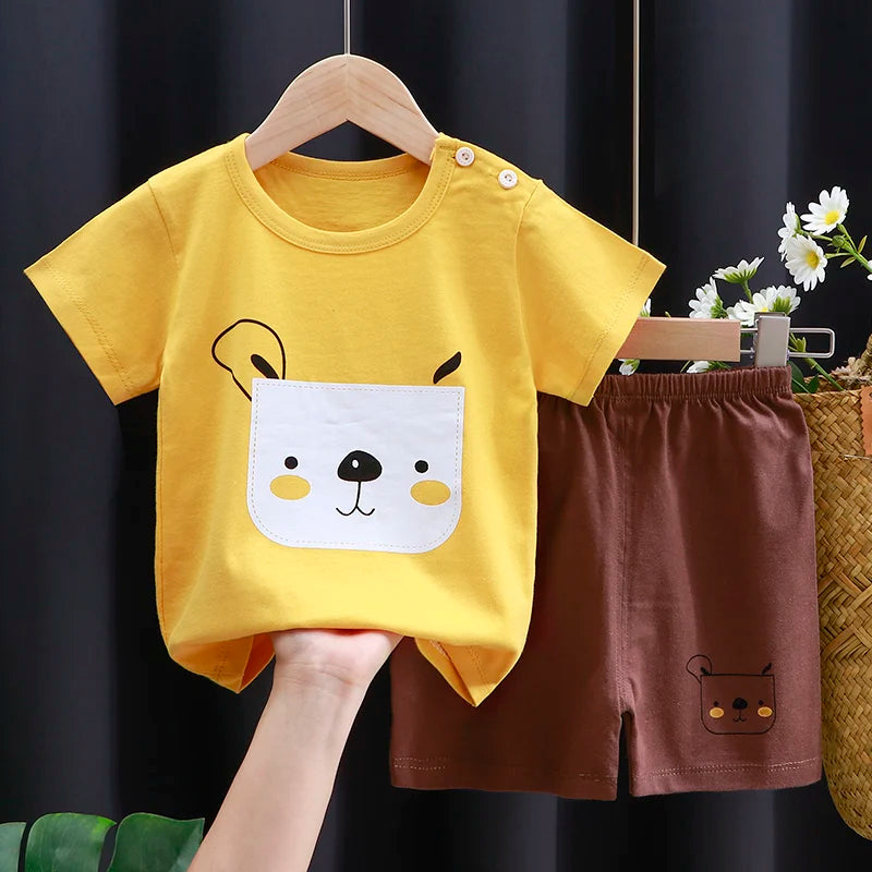 Conjunto de ropa para niños, camiseta y pantalones cortos para bebé niño/niña, ropa de verano de algodón con dibujos animados, chándal informal para niño y bebé.
