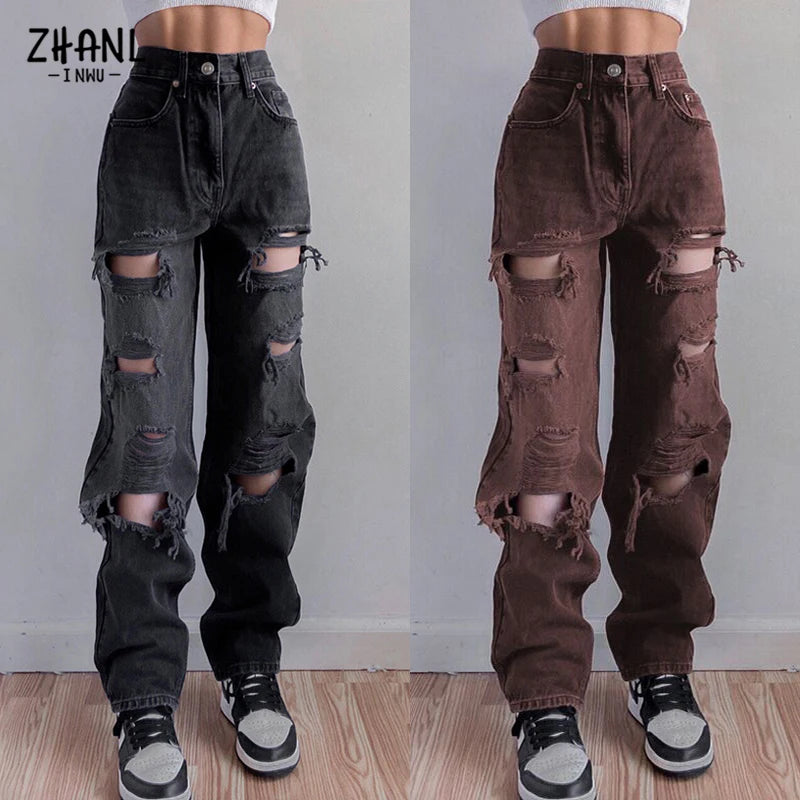 Vaqueros negros rotos de cintura alta para mujer, ropa vintage Y2K, pantalones vaqueros rectos de moda, ropa de calle con agujeros, pantalones vaqueros de hip hop.