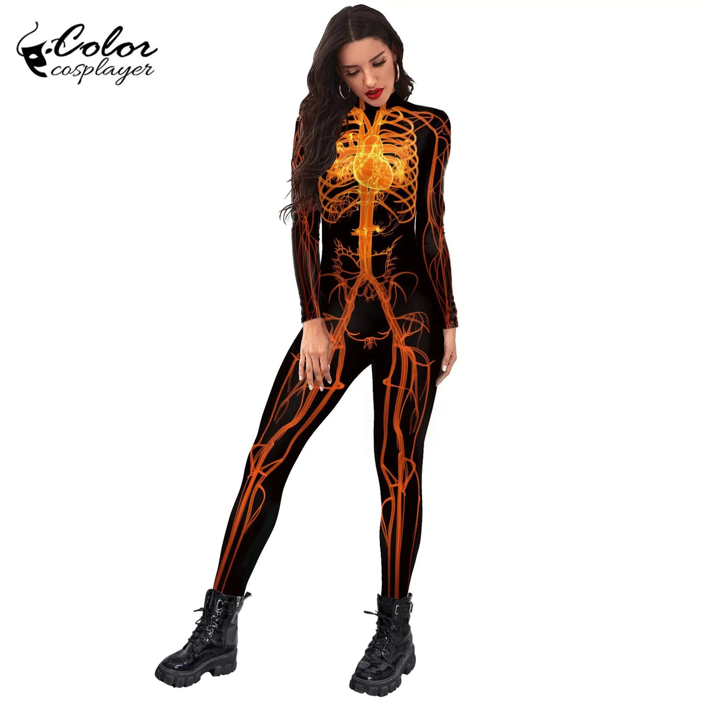 Color Cosplayer Halloween Skeleton Printed Jumpsuits Women Halloween Performance Outfits Party Cosplay Costume Zentai Fitness