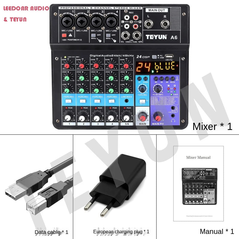 Mesa de mezclas de sonido para DJ TEYUN de 8, 6 y 4 canales, mezclador de audio con 24 efectos DSP, Bluetooth, PC, reproducción USB, grabación, controlador de 48 V, consola de mezclas