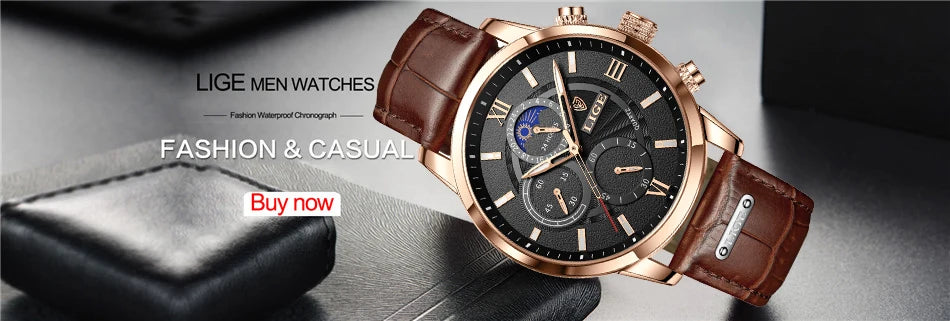 Nuevos relojes LIGE para hombre, marca superior de lujo, reloj de pulsera para hombre, reloj de cuarzo de cuero, reloj deportivo resistente al agua para hombre, reloj Masculino