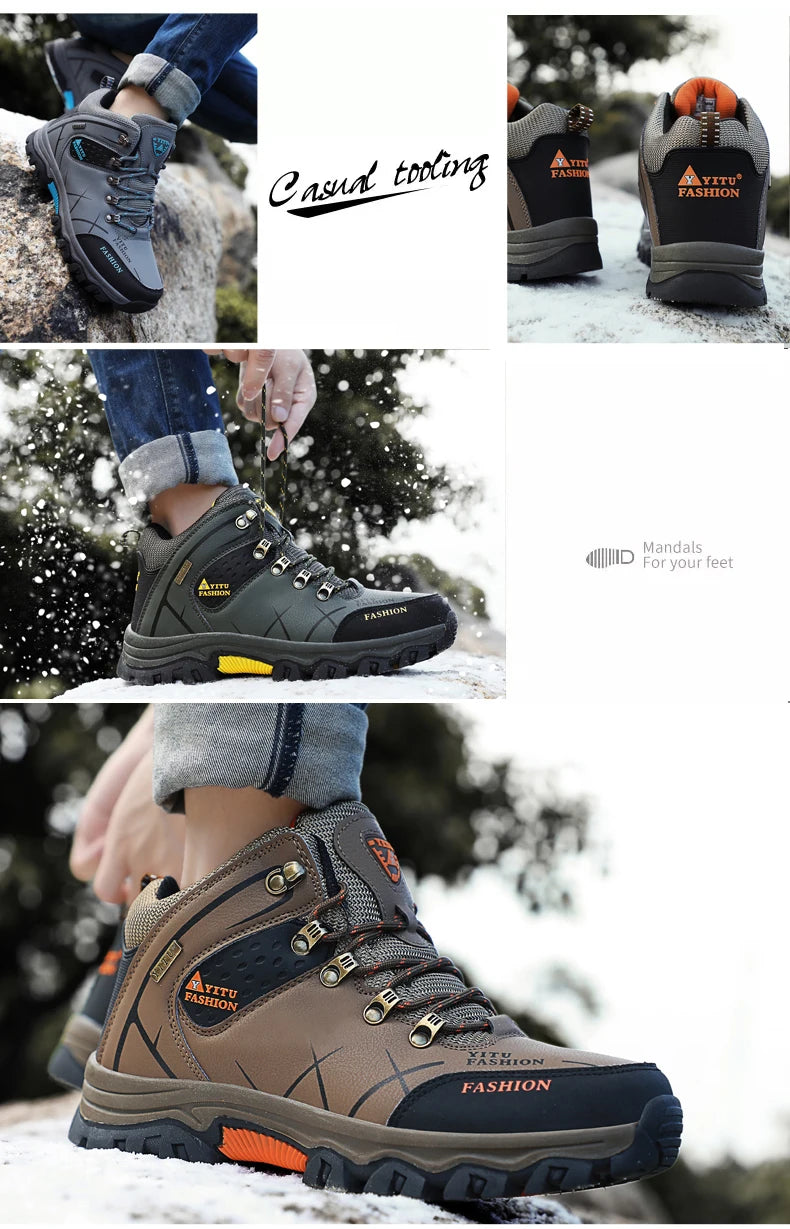Botas de nieve de invierno para hombre, impermeables, de cuero, muy cálidas, para exteriores, senderismo, trabajo, talla 39-47