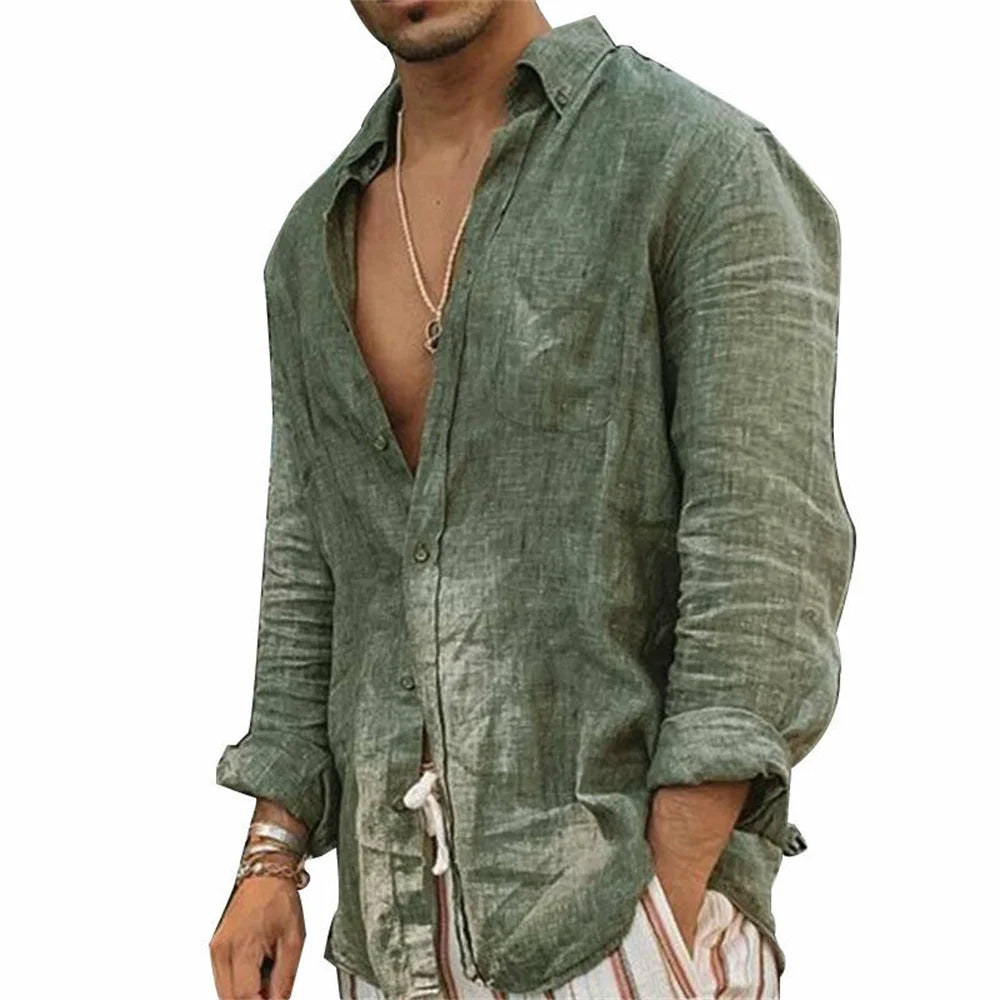Camisas casuales de algodón y lino para hombre, cuello alto, color liso, manga larga, holgadas, para primavera y otoño, 2024