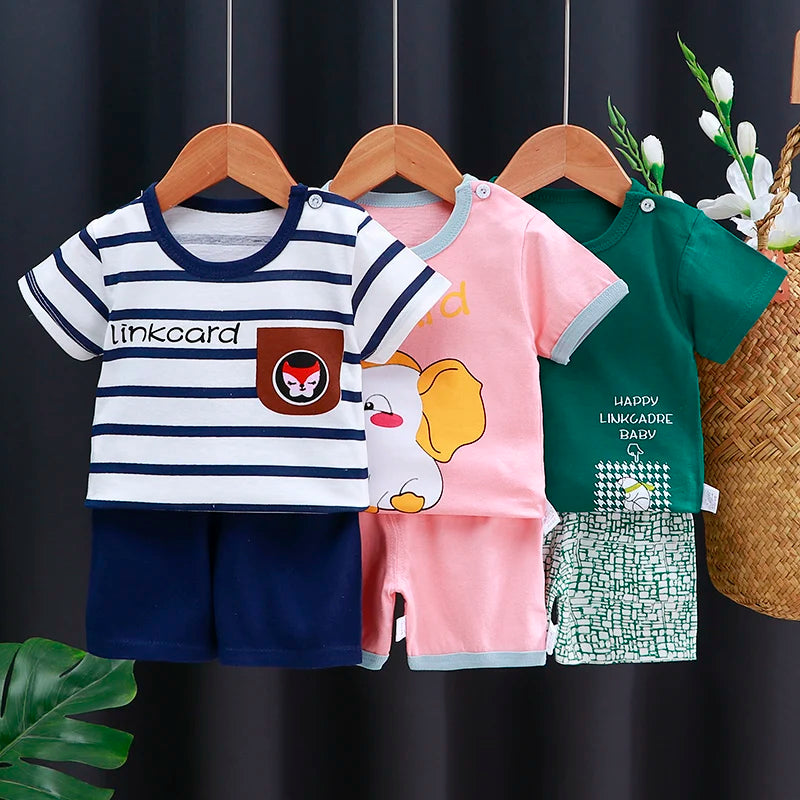 Conjunto de ropa para niños, camiseta y pantalones cortos para bebé niño/niña, ropa de verano de algodón con dibujos animados, chándal informal para niño y bebé.