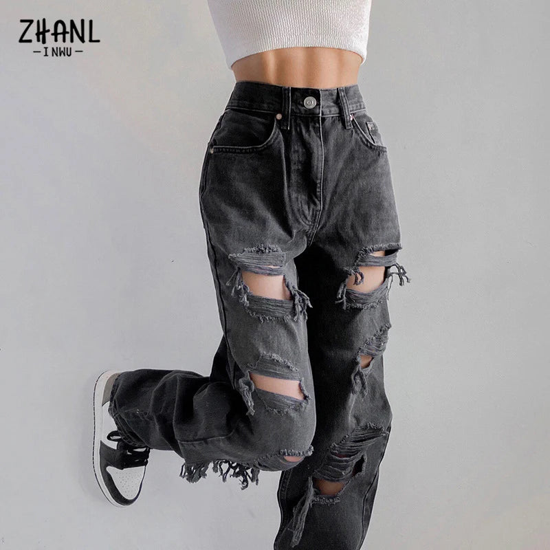 Vaqueros negros rotos de cintura alta para mujer, ropa vintage Y2K, pantalones vaqueros rectos de moda, ropa de calle con agujeros, pantalones vaqueros de hip hop.