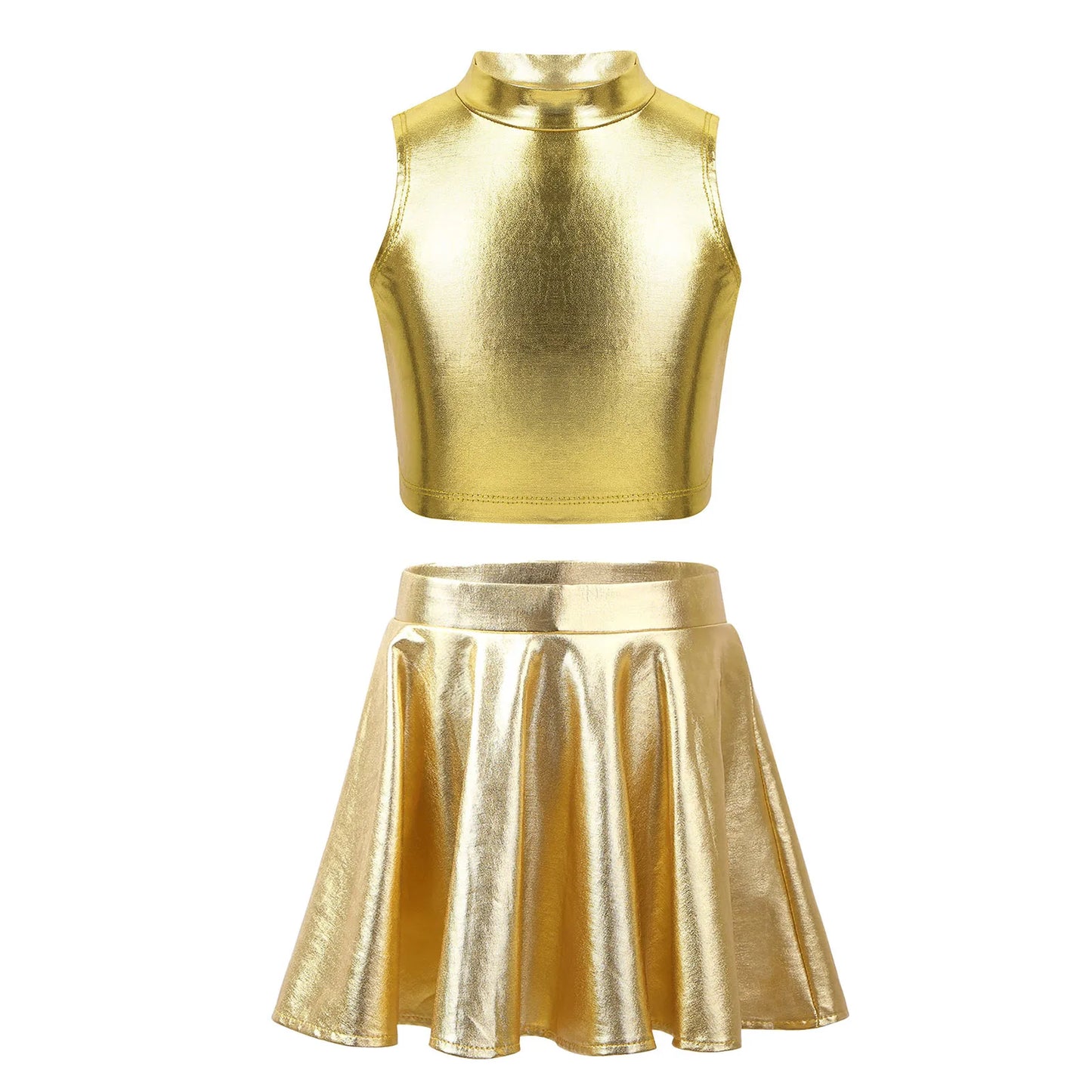 Ropa para niños, blusas sin mangas metálicas para niñas, minifalda plisada acampanada, conjunto de 2 piezas para niños, ropa de baile