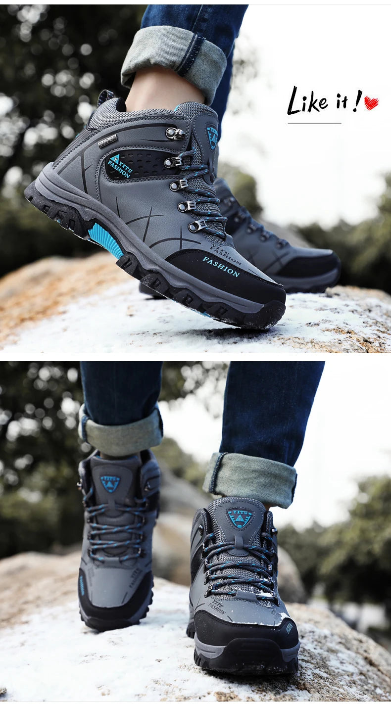 Botas de nieve de invierno para hombre, impermeables, de cuero, muy cálidas, para exteriores, senderismo, trabajo, talla 39-47