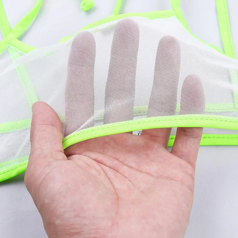 Traje de baño de malla transparente para mujer, bikini micro mini sexy, bañador, top de sujetador, tanga y bragas.