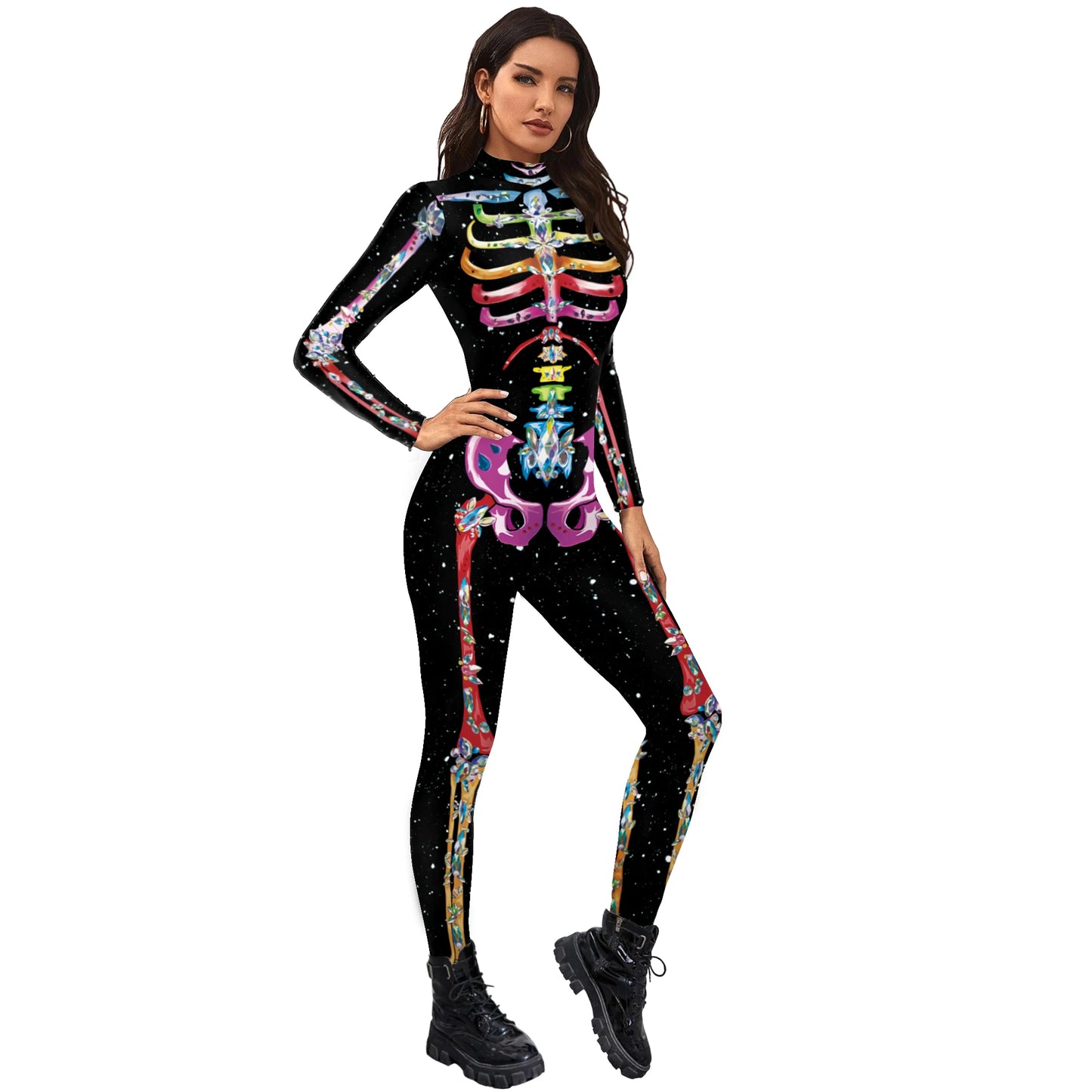 Color Cosplayer Halloween Skeleton Printed Jumpsuits Women Halloween Performance Outfits Party Cosplay Costume Zentai Fitness