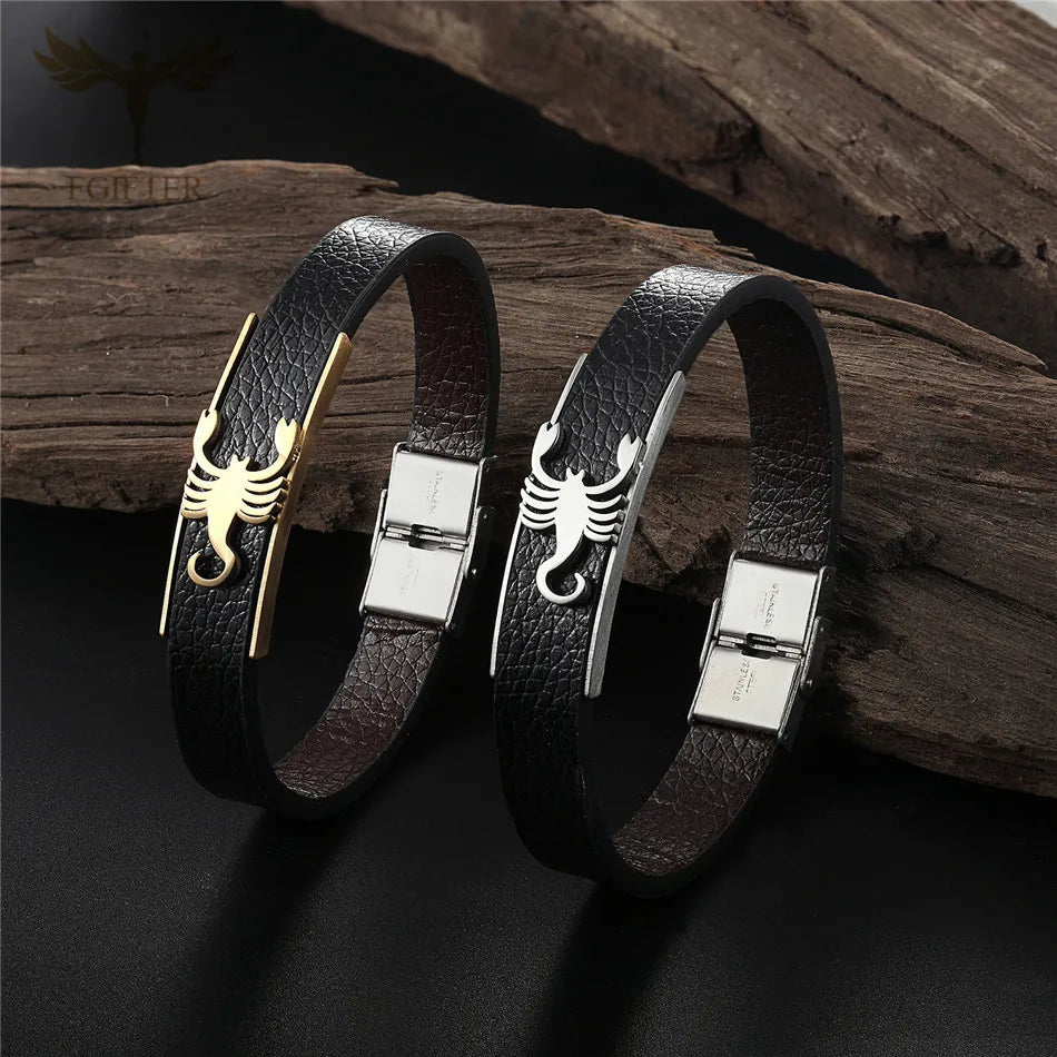 Pulsera de cuero con diseño de escorpión para hombre y mujer, estilo punk, color dorado y plateado