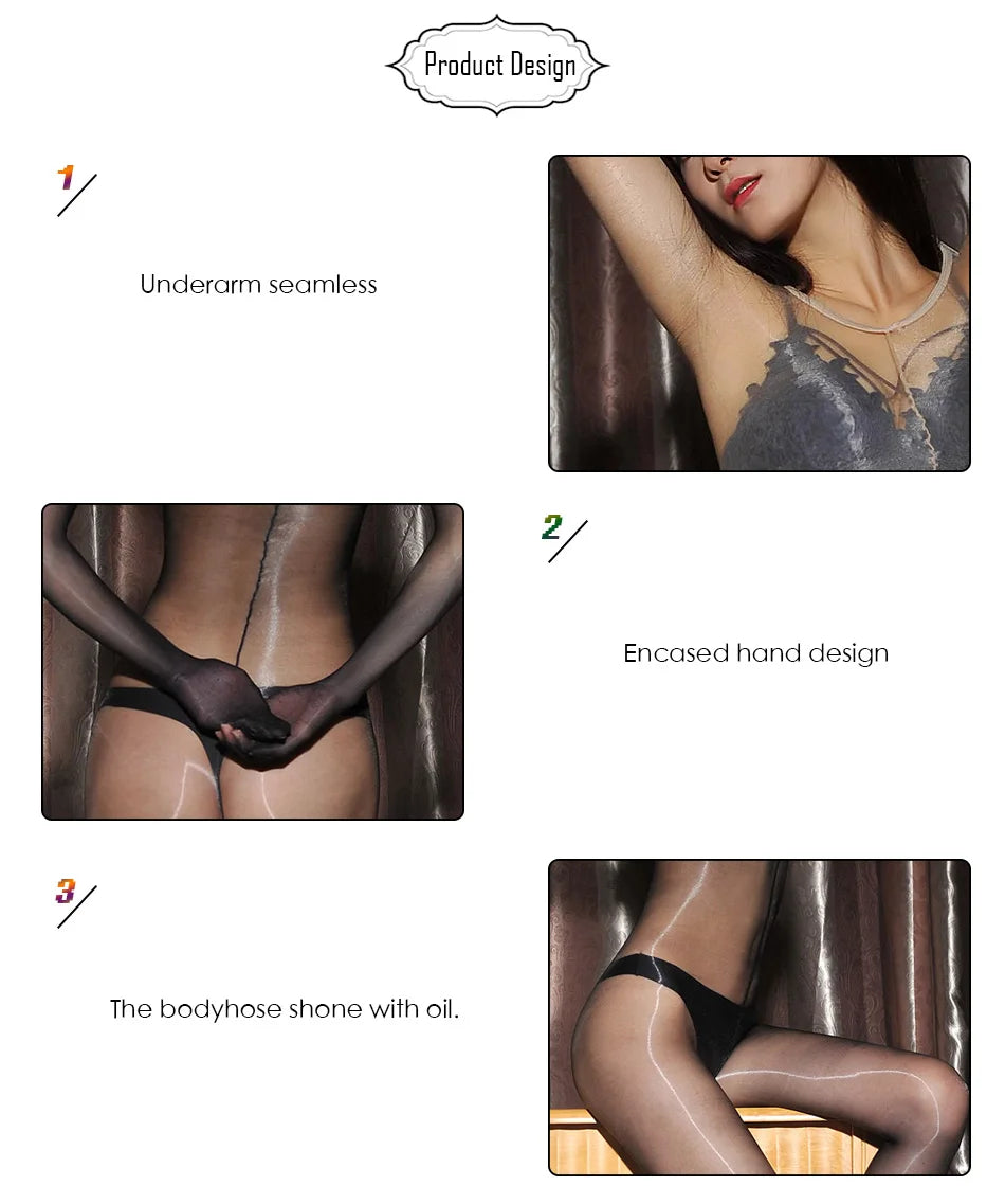 Mono ajustado de cuerpo entero brillante 1D, tipo medias, adecuado para hombres y mujeres, con entrepierna abierta y cerrada, sexy y brillante.